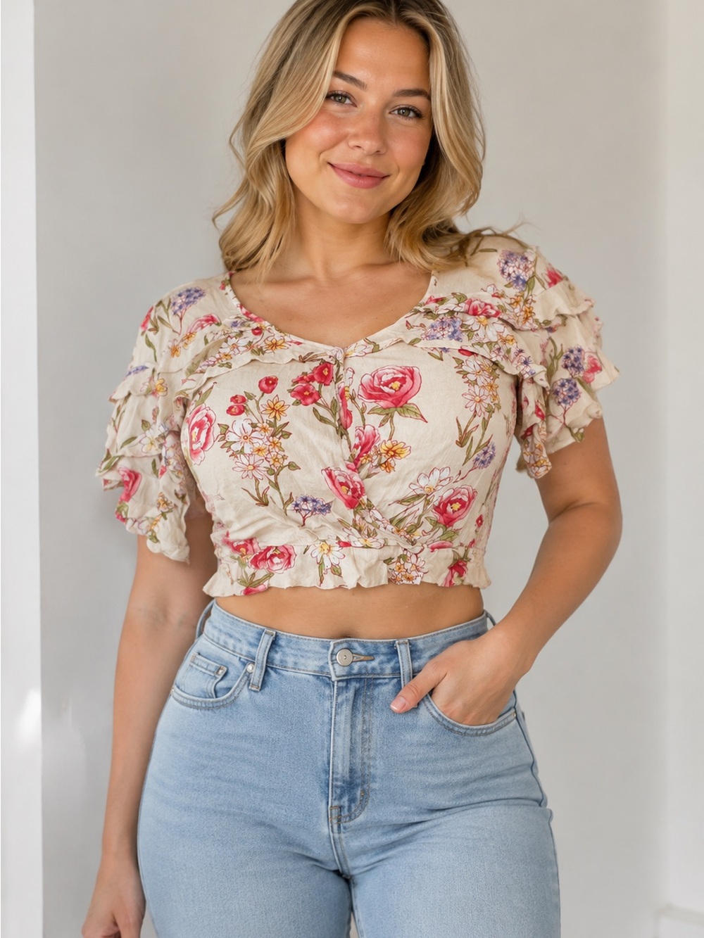 Say What? Floral Ruffle Sleeve Crop Blouse Large